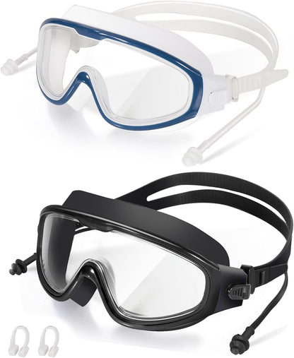 Adult Swimming Goggles,Leak-Proof,Anti-Fog Pool Glasses,Wide View Swim Goggles with Ear Plugs and Nose Clip