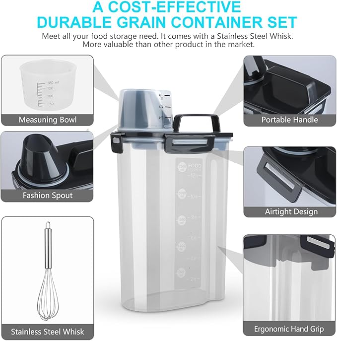 Uppetly Rice Airtight Dry Food Storage Containers, BPA Free Plastic Storage Bin Dispenser with Pourable Spout, Measuring cup for Cereal, Flour and Baking Supplies, Include a Stainless Steel Whisk