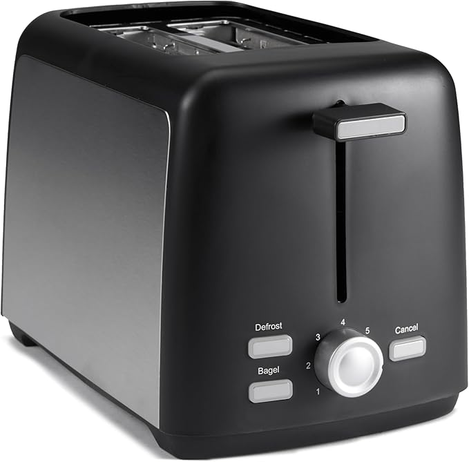 Amazon Basics 2 Slice Toaster, With 7 Browning Settings, Extra Wide Slots For Bagels and Special Breads, Removable Easy-to-Clean Crumb Trays, Cancel/Defrost/Bagel Buttons, 800W, Black & Silver