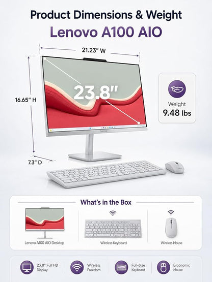 Lenovo 24" All-in-One Desktop Computer, Intel N100 Processor, 32GB RAM, 512GB SSD, FHD Display, Space-Saving Design for Home, Office &Business, Wi-Fi 6, HDMI Out, Windows 11, Wireless Keyboard & Mouse