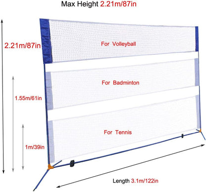 Portable Height Adjustable Badminton Volleyball Tennis Net Set Multi-Purpose Sports Equipment with Poles Stand and Carry Bag for Kids Adult Outdoor Exercise