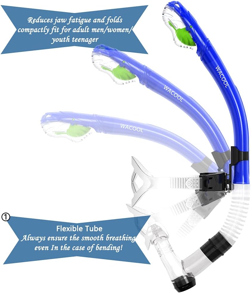 WACOOL Training Headstrap Support Dry Top Snorkel Tube Comfortable Mouthpiece One-Way Purge Valve for Pool Open Water Scuba Lap Swimming Swimmer Diving Snorkeling