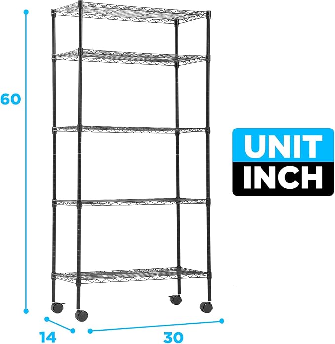 30" L×14" W×60" H Wire Shelving Unit Metal Shelf with 5 Tier Casters Adjustable Layer Rack Strong Steel for Restaurant Garage Pantry Kitchen Garage，Black