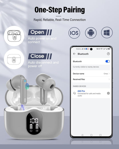 Wireless Earbuds, Bluetooth 5.4 Headphones Bass Stereo, Ear Buds with Noise Cancelling Mic, IP7 Waterproof in Ear Earphones, 36H LED Display Bluetooth Earbuds for Laptop Pad Phones Sports, Grey