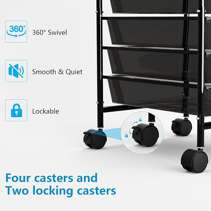 Rolling Cart with Drawers, 6-Tier Rolling Storage Cart with Drawers, Rolling Utility Cart with 6 Drawers with 2 Lockable Caster Wheels for Office Bathroom Kitchen, Transparent Black
