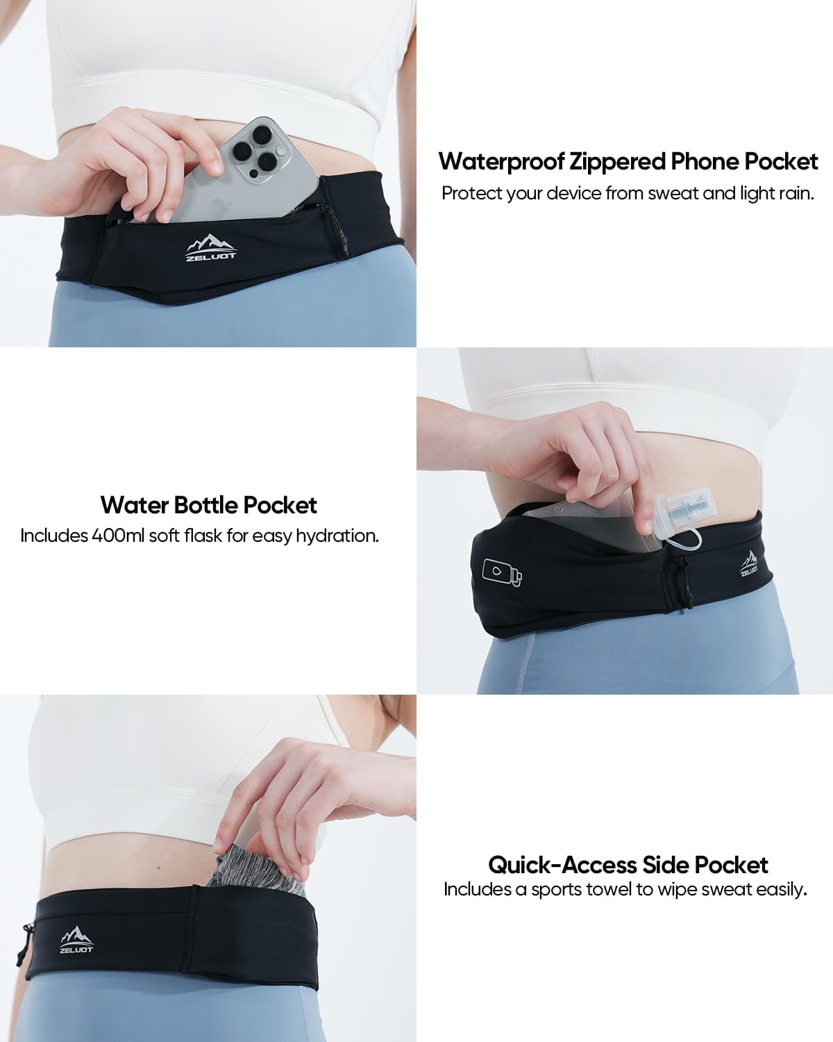 Running Belt with 400ml Soft Flask, Extension Strap & Phone Holder, Adjustable Running Fanny Pack with Gym Towel, Waterproof Belt Bag for Women Men for Jogging Hiking Marathon