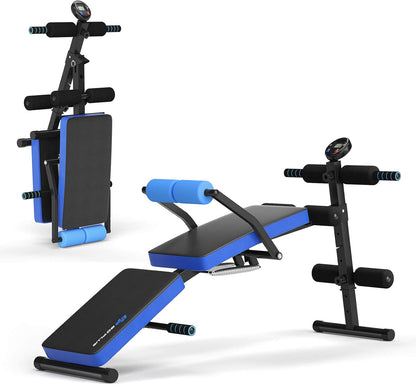 Goplus 6 in 1 Adjustable Sit Up Bench, Foldable Utility Weight Bench w/LCD Monitor, Flat/Incline/Decline Exercise Multi-Purpose Bench for Home, Gym and Office