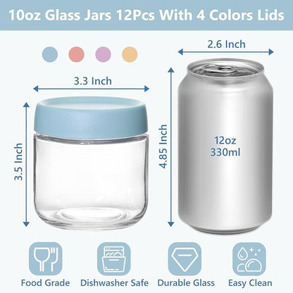 KEYWING 12 Pack Overnight Oats Containers With Lids, 10 oz Wide Mouth Mason Jars with Airtight Lids, Meal Prep Containers Food Storage Glass Jars in Bulk for Snack Yogurt Salad Spice Cereal