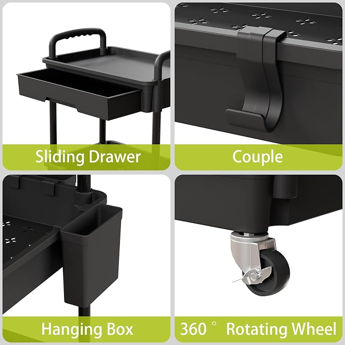 Sorgion 3 Tier Rolling Cart Organizer,Laundry Room Bathroom Organizers and Storage Office Shelves Mobile Shelving Unit Kitchen Trolley Cart with Wheels for Art,Craft,Diaper,Bedside,Snack(Black)