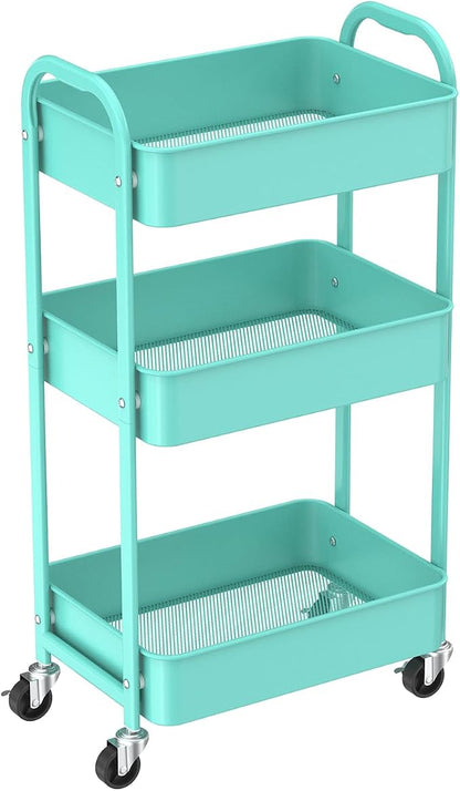 MAX Houser 3-Tier Rolling Utility Cart with Caster Wheels,Easy Assembly, for Kitchen, Bathroom (Turquoise)