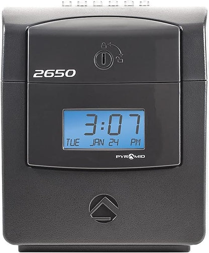 Pyramid Time Systems - 2650 Pro Auto Aligning Time Clock - Charcoal | Bundle Includes 25 Time Cards, Ribbon and 2 Security Keys (5"h x 7.25"w x 8.5"d)
