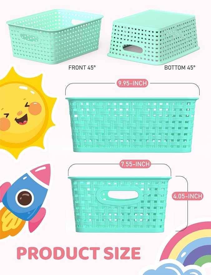WYT 6-Pack Plastic Small Shelf Storage Weave Baskets Organizing for Cabinets and Pantries, Sky Blue