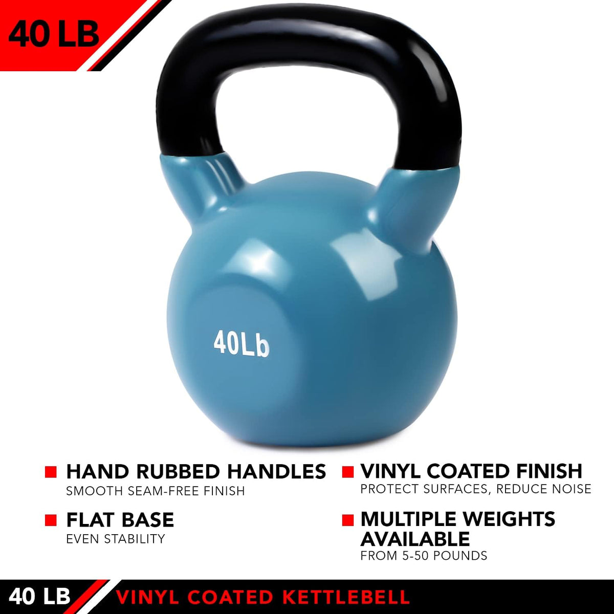 JFIT Kettlebell Weights Vinyl Coated Iron - 12 Size Options, 5lbs-50lbs - Coated for Floor and Equipment Protection, Noise Reduction, Ballistic, Core, Weight Training