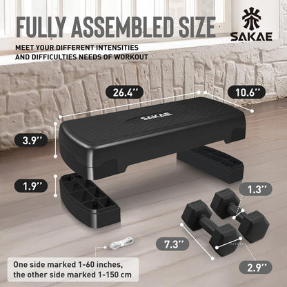Adjustable Height Aerobic Stepper Set, Multiple Bundle Options with Dumbbells, Kettlebell, Waist Trimmer, Ankle Weights or Weighted Vest, Workout Exercise Step Platform w/Level Risers, 4 Colors