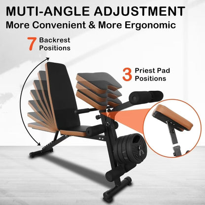 PENSUN Adjustable Weight Bench, Foldable Workout Bench Press for Home Gym Exercise, Flat Incline Decline Sit Up Position for Full All-in-One Body Strength Training W/Leg Extension and Preacher Pad