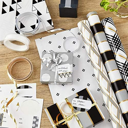 Hallmark Reversible Wrapping Paper Bundle with Ribbon & Gift Tag Stickers - Black, Gold Stripes, Plaid (3 Pack, 120 sq. ft. TTL, 30 Yds. Mini Ribbon, 36 Labels) for Graduations, Weddings, Christmas