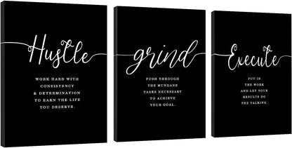 Hustle Grand Slogan Poster,Gift for Boss, Present for Father, Framed Canvas Wall Art Success Quote, Office Wall Art, Black Large Poster, Inspirational Print (F-3pcs,16x24inchx3pcs)