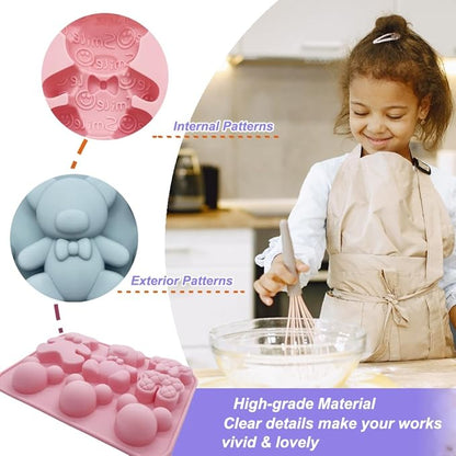 2 Pack Cute Bear Molds Silicone 6 Cavity 3D Cartoon Bear Themed Baking Mould Tray DIY Tool for Baby Shower Birthday Party Chocolate Cake Mousse Pastry Soap Crayons Cupcake Topper