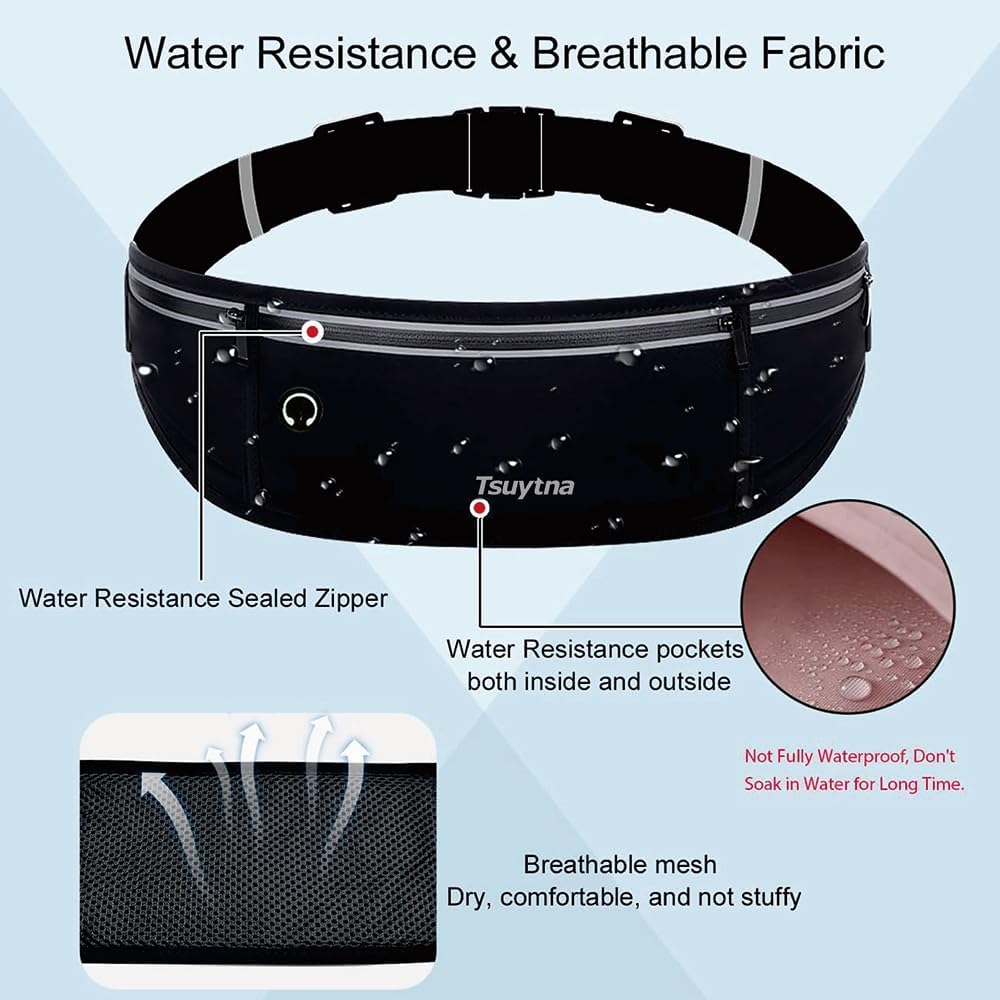 Running Belt for Women & Men - Slim Phone running belt with Water-Resistant Phone Holder, 3 pockets Adjustable Waist Strap, Reflective Safety Design for Running, Hiking, Travel，Fitness(Black)
