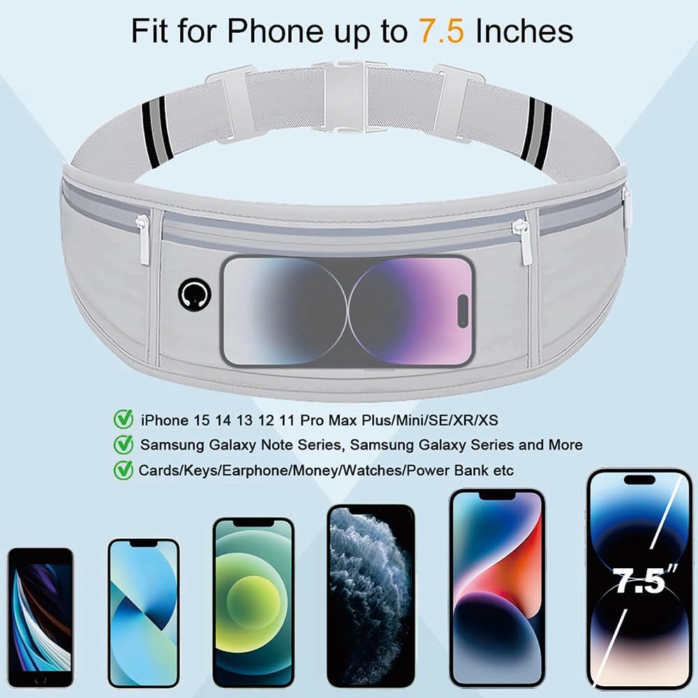 Running Belt for Women & Men - Slim Phone running belt with Water-Resistant Phone Holder, 3 pockets Adjustable Waist Strap, Reflective Safety Design for Running, Hiking, Travel，Fitness (Grey)