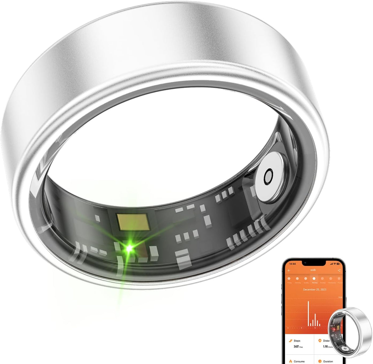 Smart Ring Health Fitness Tracker, Size First with Sizing Kit, Activity & Sleep Tracker/Stress/Heart Rate Monitor, Waterproof Smart Ring for Men/Women, No App Subscription (Silvery, 11)