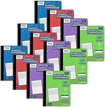 Mead Primary Composition Book, Primary Ruled Journal, Grades K-2, 7-1/2" x 9-3/4", 100 Sheets per Comp Book, Colors Will Vary, 12 Pack (610054-ECM)
