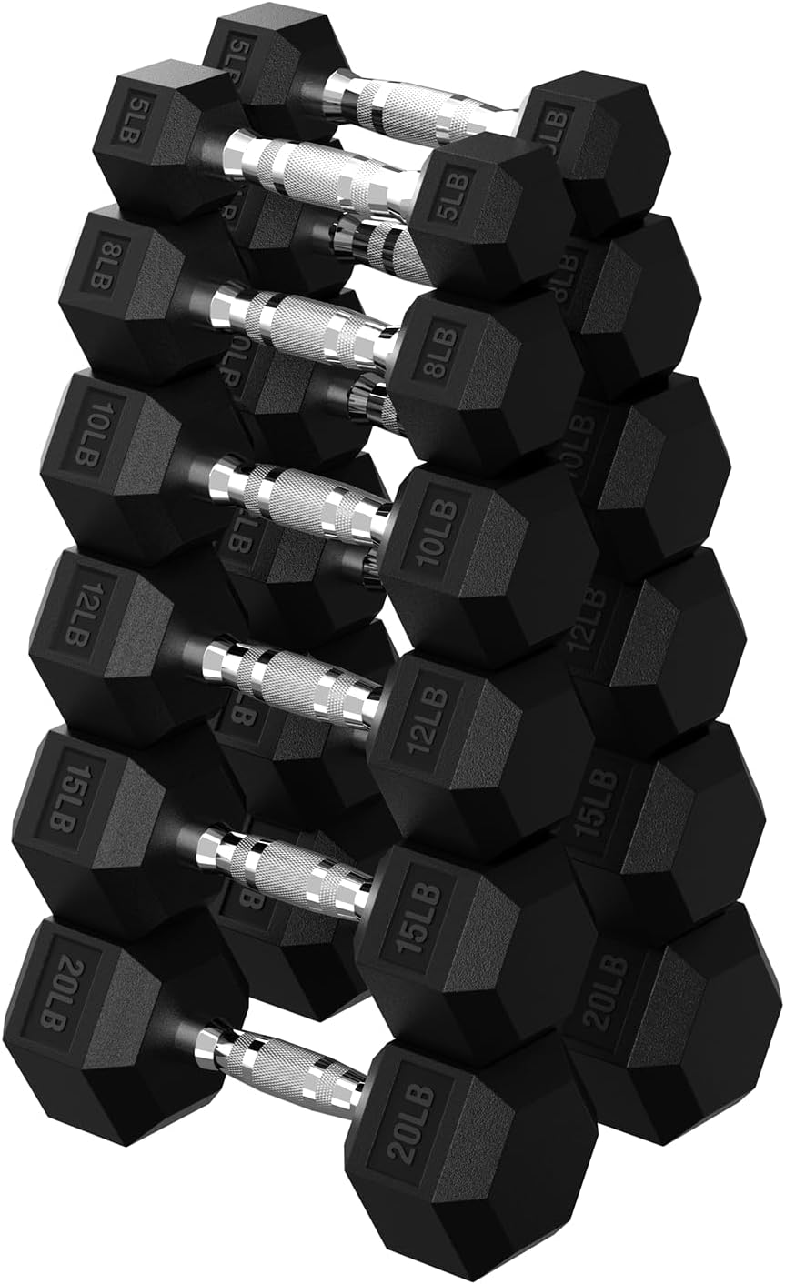 Hex Dumbbell 45-480 lb Set, Rubber Encased Exercise & Fitness Dumbbells for Home Gym, Hand Weights for Strength Training