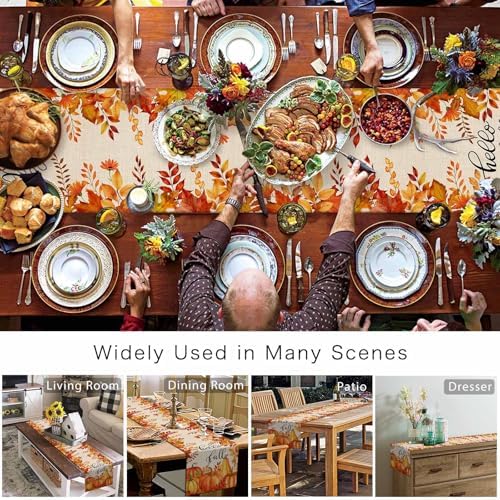 Fall Pumpkin Table Runner Dresser Scarf 13 x 72 Inch Harvest Orange Maple Leaves Table Runners Non-Slip Heat Resistant Kitchen Dining Table Decor for Autumn Thanksgiving Holidays Indoor Outdoor