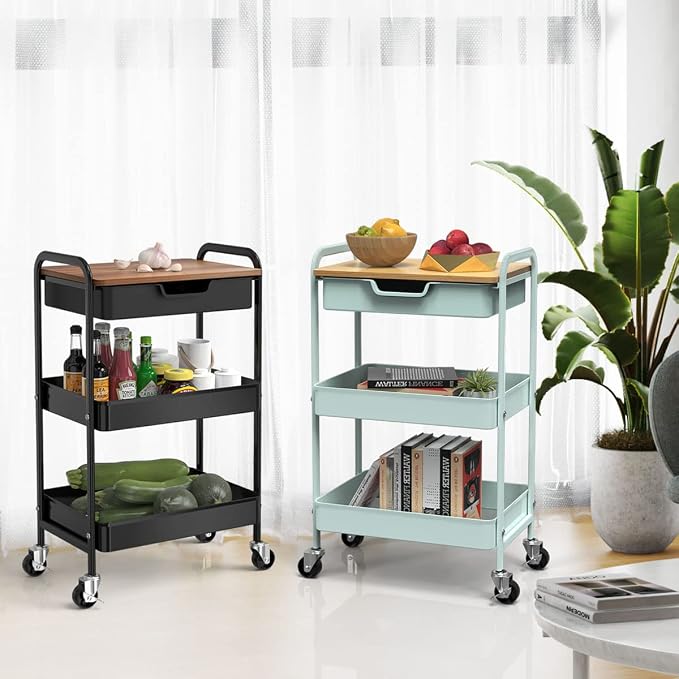 3 Tier Rolling Cart, Utility Cart with Drawer and Table Top, Metal Rolling Kitchen Storage Organizer Cart with Handle and Locking Wheels for Bathroom Office Balcony Living Room
