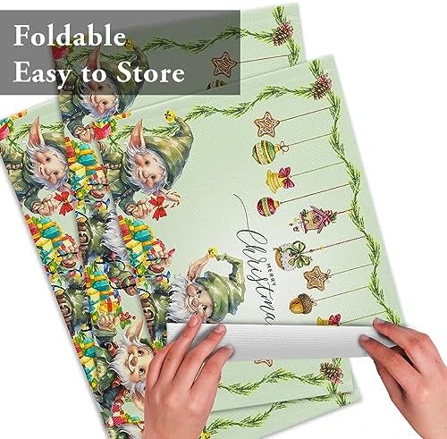 Merry Christmas Placemat 1PC, Green Christmas Gnome Elf Heat Resistant Washable Table Place Mats Xmas Balls Cotton Table Linens Party Holiday Decor for Kitchen Dining Outdoor Indoor