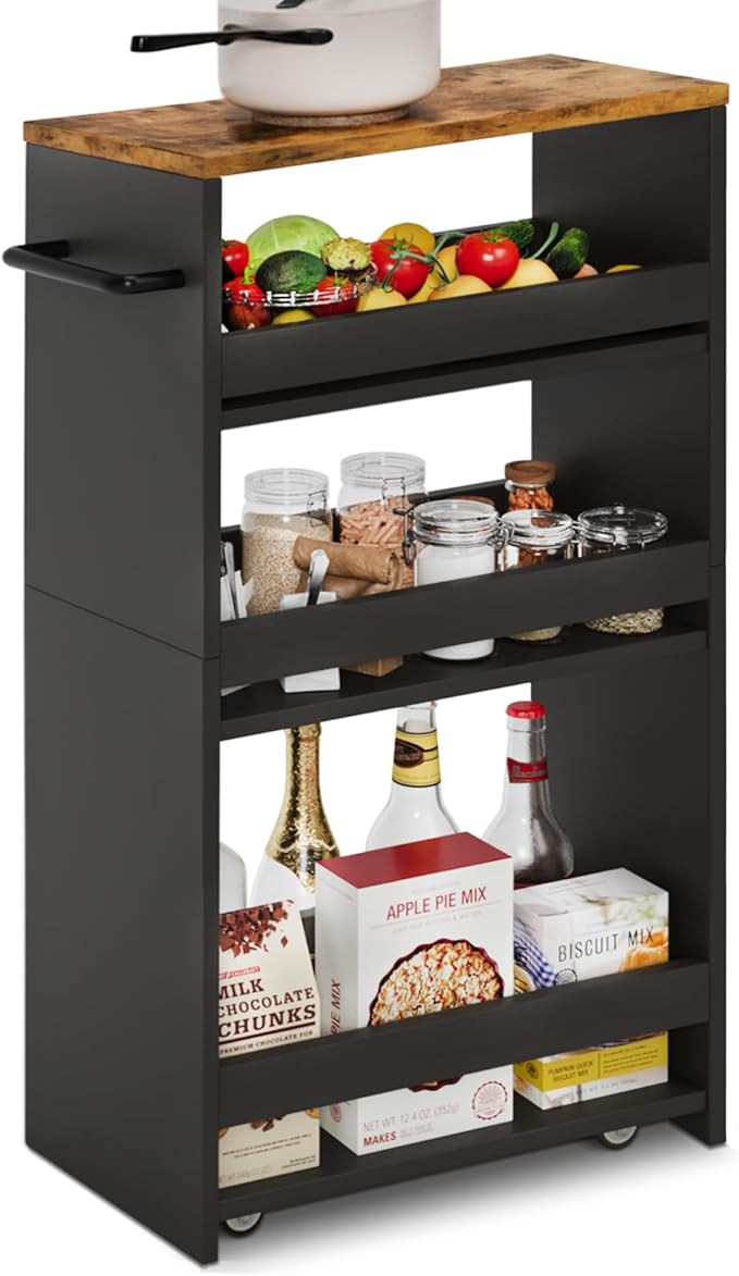 TEAMIX 4 Tier Slim Storage Cart with Handle, Slide Out Storage Rolling Utility Cart Mobile Shelving Unit Organizer Trolley for Small Spaces Kitchen Laundry Narrow Places (Black+Brown, 7-7/8'' W)