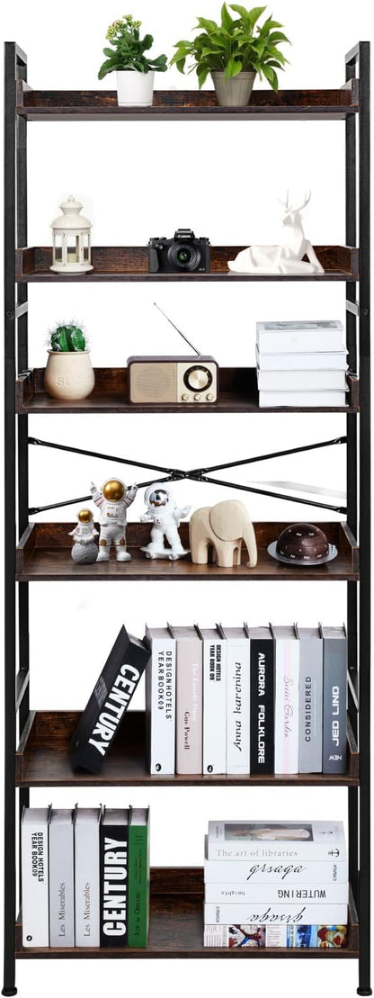 VEVOR Industrial Bookshelf, 6-Tier, Vintage Ladder Shelf Bookshelves and Bookcases, with Metal Frame, Book Organizer with Open Shelves, for Living Room, Bedroom, Kitchen, Home Office, Rustics Brown
