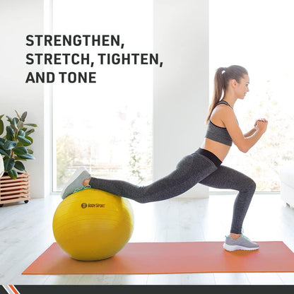 Body Sport Exercise Ball with Pump for Home, Gym, Balance, Stability, Pilates, Core Strength, Stretching, Yoga, Fitness Facilities, Desk Chairs