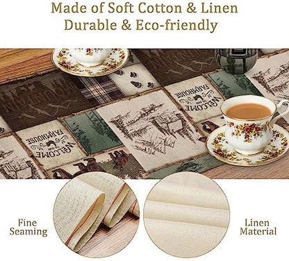 Rustic Cabin Bear Table Runner, Vintage Cottage Country Style Pine Tree Elk Wildlife Dinner Runner for Home Kitchen Dining Table Decoration 13"x70"