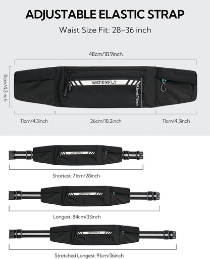 WATERFLY Running Belt Fanny Pack: Slim Breathable 4 Pocket Waist Bag for Men Women Sport Workout Exercise Fitness Phone Holder - Runner Marathon Jogging Waistband Fits ALL Phones Black