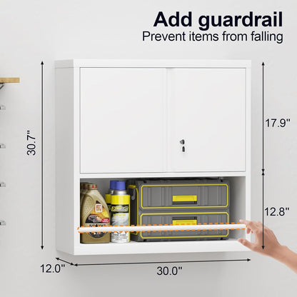 GREATMEET Locking Metal Garage Storage Cabinet with Doors and Shelves, 31" H Lockable Wall Cabinet Storage, White Steel Wall Mount Cabinet for Office