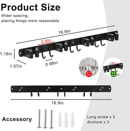 Mop Broom Holder Wall Mount, Black Stainless Steel Tool Storage Organizer for Kitchen Garden Garage Laundry Room Bathroom and RV with 4 Slots 6 Hooks