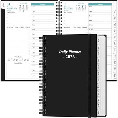 Daily Planner 2026 Full Page Per Day- 2026 Daily & Monthly Planner from January 2026 to December 2026, Day Planner 2026 with 12 Months Tabs, 6.4" x 8,5", Black