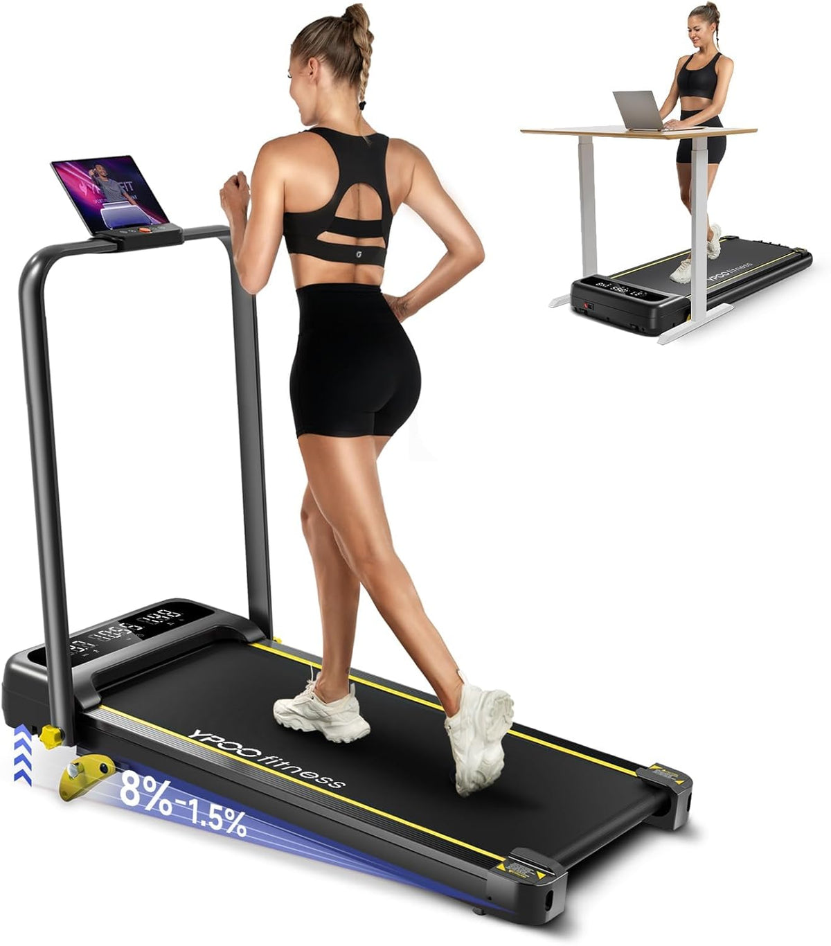 Foldable Treadmill with Incline, Walking Pad with Handle Bar 3 Level Incline, Portable Folding Treadmills for Home/Office 300 Lbs Capacity, Quiet Desk Treadmill with Remote Control & APP