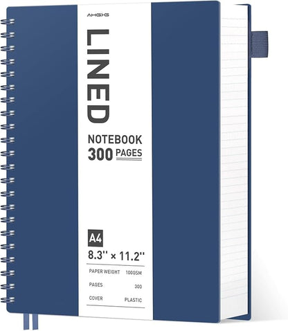 AHGXG Spiral Notebook College Ruled - Spiral Journal Notebook 8.5" x 11" Large A4, 300 Pages Lined Journal, 100GSM Thick Paper, Plastic Hardcover, for Women Men Office School Writing Work, Bule