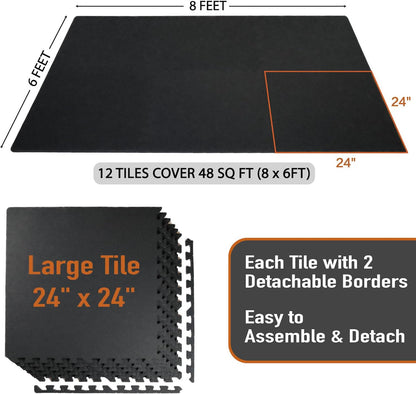 AIRHOP 0.56in Thick 48 Sq Ft Exercise Equipment Mats, 12 Tiles Upgraded Rubber Top with High Density EVA Foam, Large Interlocking Puzzle Gym Flooring for Home Gym, Heavy Weight Workout,Black