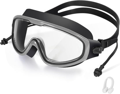 Adult Swimming Goggles,Leak-Proof,Anti-Fog Pool Glasses,Wide View Swim Goggles with Ear Plugs and Nose Clip
