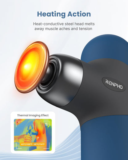 RENPHO Mini Thermal Massage Gun with Heat, Portable Deep Tissue Percussion Massager, Color Silicone Sleeves Travel Size with Carry Case, Aegean Blue
