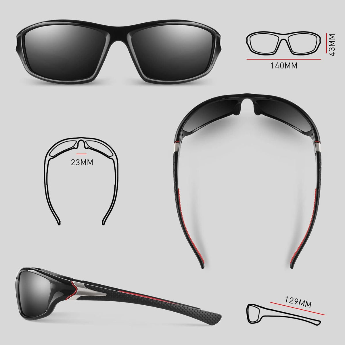 Polarized Sports Sunglasses for Men Women,Fishing Driving Rectangular Goggles UV400 Protection