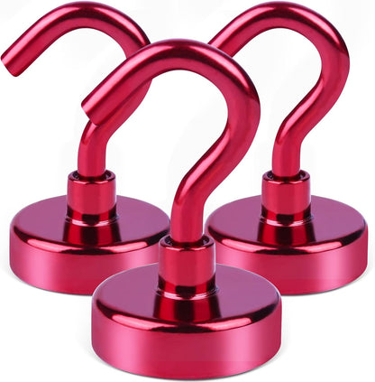 DIYMAG Magnetic Utility Hooks, 30Lbs Heavy Duty Rare Earth Neodymium Magnet Hooks with Nickel Coating for Kitchen, Garage, Cruise, Classroom, Workplace and Office etc, 3 Packs (Red)