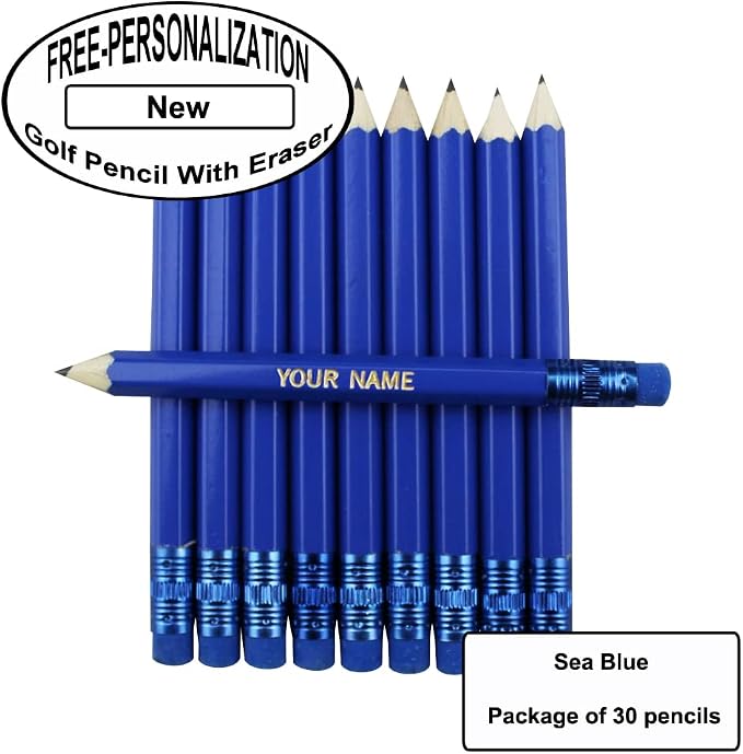 EZPENCILS & GIFTS - Golf Pencils Tipped with Eraser (1/2 a Pencil) - Sea Blue Colored Barrel - FREE-PERSONALIZATION - 2HB Black Lead - Custom Text - Non-Smear Eraser – Package of 30