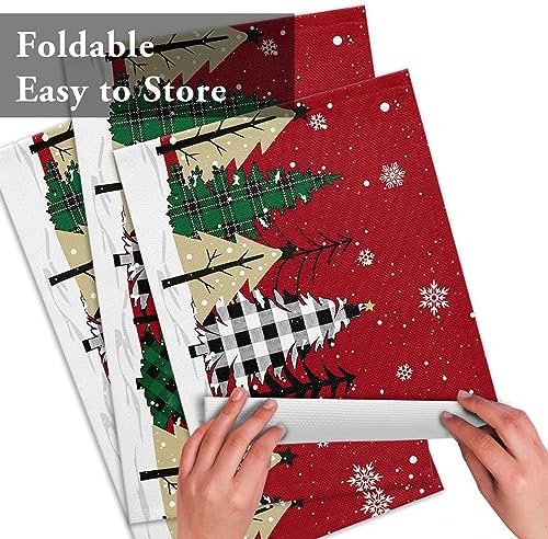 Red Merry Christmas Placemats Set of 4, Green Christmas Tree Heat Resistant Washable Table Place Mats White Snow Forest Winter Cotton Table Linens Party Holiday Decor For Kitchen Dining Outdoor Indoor