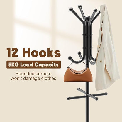 Coat Rack Freestanding, Coat Stand with Umbrella Holder, Metal Coat Tree with 12 Hooks, Coat Hanger Stand for Entryway, Coat Rack Stand for Bedroom, Living Room & Office