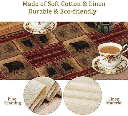 Rustic Bear Table Runner, Retro Vintage Bear Country Cabin Cottage Pine Tree Dinner Table Decoration for Home Kitchen Dining 13"x60"
