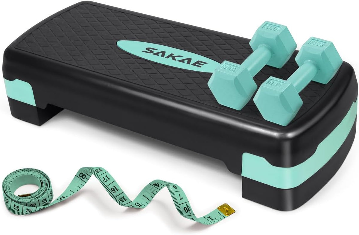 Adjustable Height Aerobic Stepper Set, Multiple Bundle Options with Dumbbells, Kettlebell, Waist Trimmer, Ankle Weights or Weighted Vest, Workout Exercise Step Platform w/Level Risers, 4 Colors